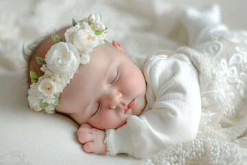 Fototapeta na wymiar White suited newborn baby with floral headband sleeps adorably in professional macro photo