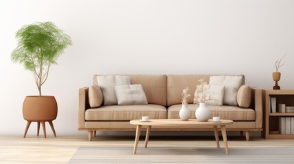 Stylish living room with modern and minimal furniture design featuring a brown Scandinavian-style sofa on a white background. - obrazy, fototapety, plakaty