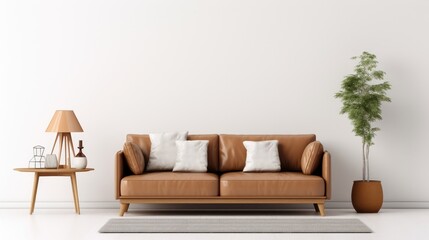 Stylish living room with modern and minimal furniture design featuring a brown Scandinavian-style sofa on a white background.