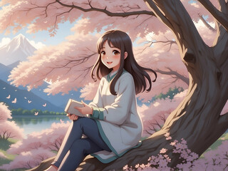 woman with sakura in a park