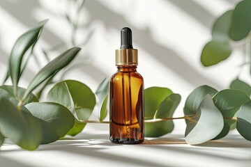 Front view of a gray white background with an amber cosmetic bottle containing eucalyptus infused facial serum