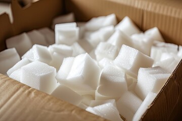Close up of packaging items in an open cardboard box filled with foam pieces