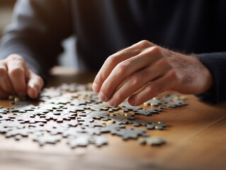 A person concentrates on solving a challenging jigsaw puzzle, representing complex binary code sequencing.