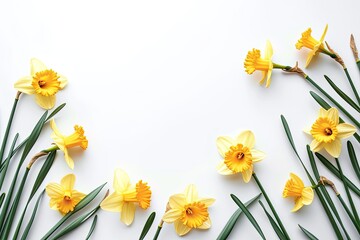 Spring floral border with fresh daffodils isolated on white background focusing on Mother s Women s Easter Wedding Day concept © LimeSky