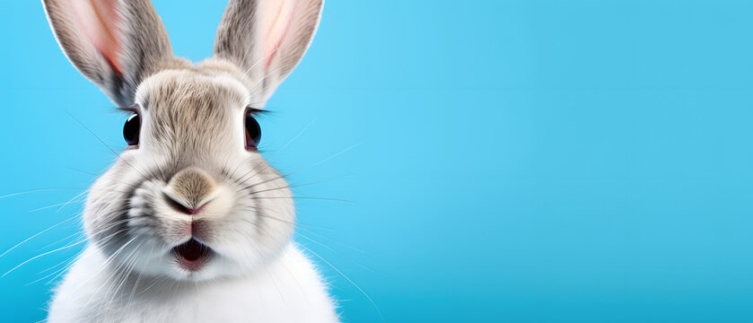 easter bunny with surprised face on a blue background - copyspace