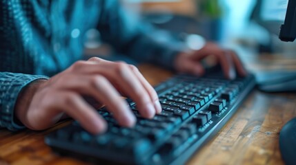 Man typing on keyboard with close-up of hands and fingers