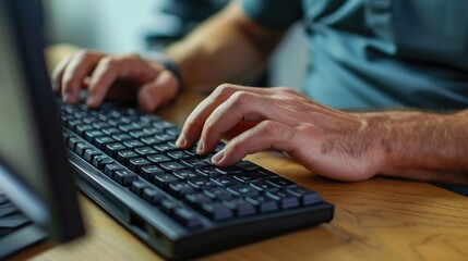 Man typing on keyboard with close-up of hands and fingers