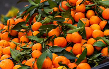 Bright orange Clementines in a pile at market