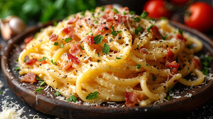 Image of a paste of carbonara with bacon, parmesan and fresh pep