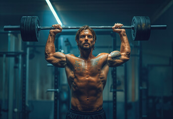 Fototapeta na wymiar A portrait of man with barbell in the gym for fitness. Strong muscle, Bodybuilder and Male athlete weightlifting. Generative AI.