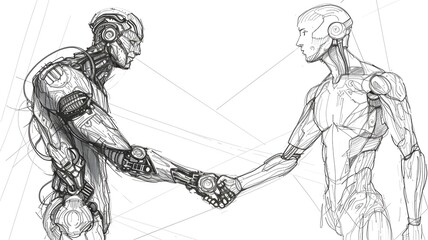 Robotic android handshake with human, hand drawn vector sketch illustration --ar 16:9 --v 6