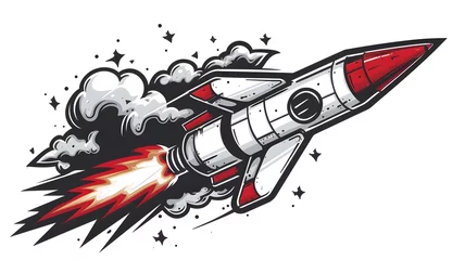Foto op Aluminium Rocket flying to the moon cartoon vector icon illustration technology transportation icon isolated on white background --ar 16:9 --v 6 © irawan