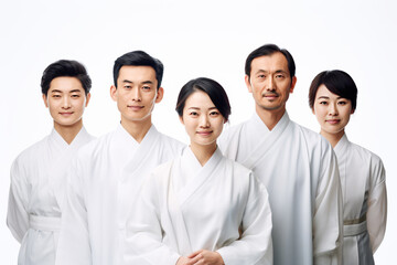 Fototapeta premium A diverse group of people of various ages and genders wearing traditional Japanese attire, set against a white background.