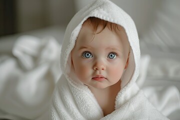 Infant wrapped in white towel post bath Medical care for children