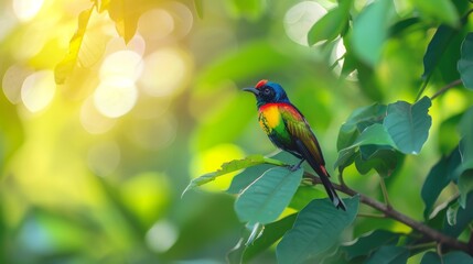 Obraz premium Bird in focus, blurred green leaves in the background, natural light highlighting the bird and leaves