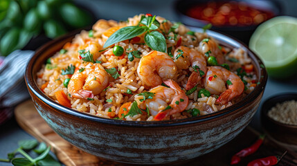 Photo of fried rice with shrimp and vegetables in vo