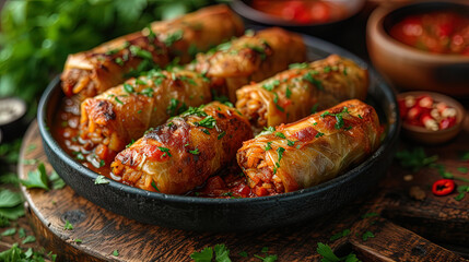 Piginalists cabbage rolls with meat and rice filling, stewed in tomato sau - obrazy, fototapety, plakaty
