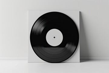 Vinyl record mockup featuring blank cover on white wall