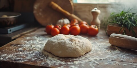 Dough on wooden board with tomatoes and herbs in background