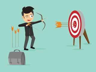 Successful businessman shooting arrow  is aiming at target. Business concept. Flat cartoon style. Vector illustration.