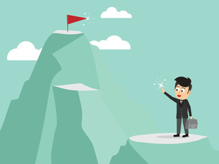 Businessman standing point finger to red flag standing in front climb to mountain. Go to the business success. Business success Vector. Flat cartoon style. Vector illustration.