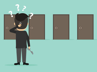 Businessman choosing the doors. Man standing in front of doors. Business concept. Businessman purpose target. Flat cartoon style. Vector illustration. 