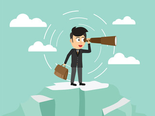 Businessman using telescope or spyglass standing on mountain. Cloud and green sky background. Business concept. Flat cartoon style. Vector illustration.