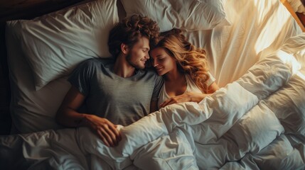 Young happy couple hugging in bedroom on the bed relaxed. - obrazy, fototapety, plakaty