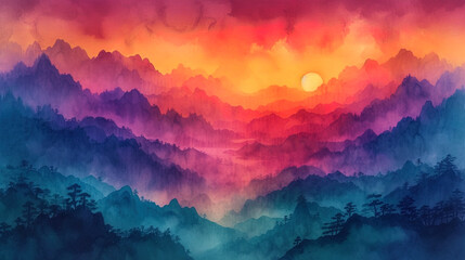 Watercolor, where light and air create the image of mountains merging with heave