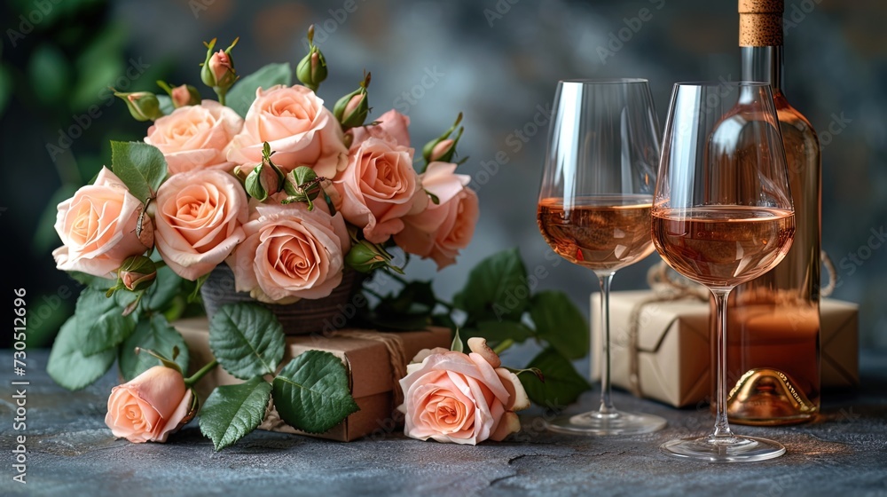 Wall mural roses in a bouquet next to the wine holder, a gift box and two glasses with wi