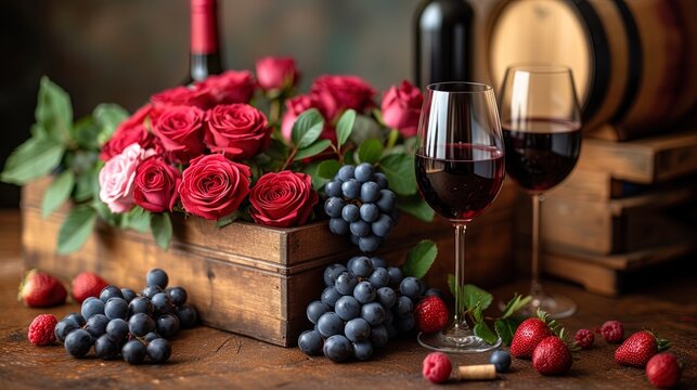Next to the wine divider there is a bouquet of roses, a gift box and two glasses with wi