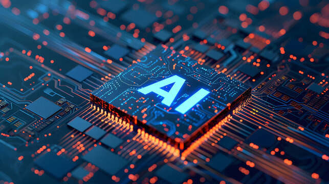 Printed circuit board with IA in glow blue. IA concept. 