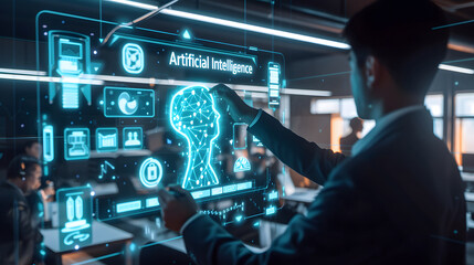 Artificial Intelligence holographic digital business hub device in a presentation for other people in office, business themes