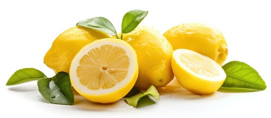 Fototapeta premium Group of fresh ripe yellow lemons fruit with leaves isolated on white background. AI generated image