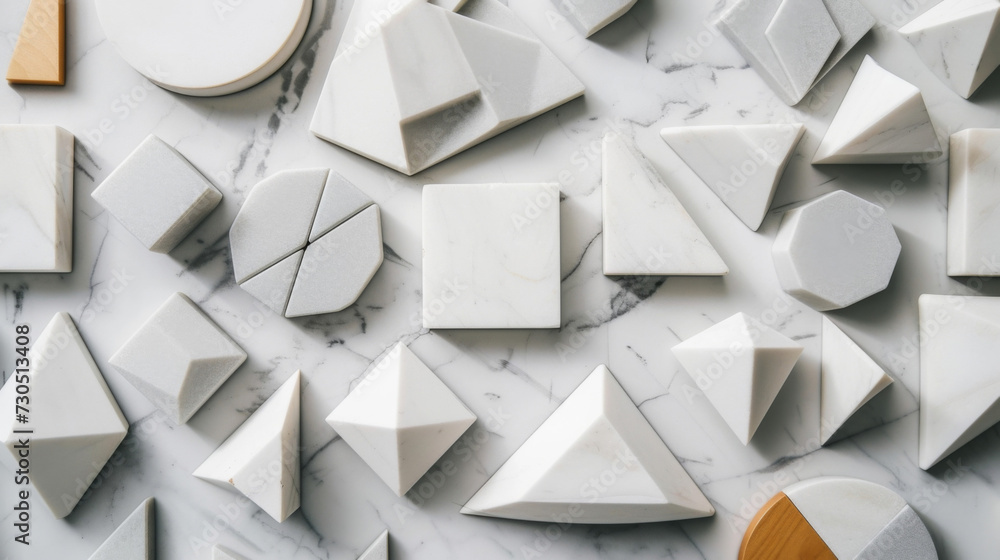 Poster geometric shapes a variety of sharp geometric shapes interlock on a white marble background creating