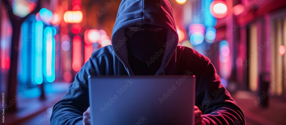 Poster computer hackers use laptops to illegally access user account information and data.