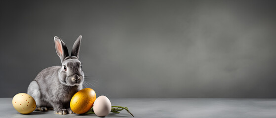 easter bunny next to colorful eggs on a gray background - copy space