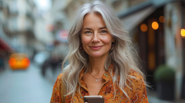 A smiling mature lady with a smartphone in her han