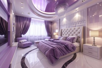 Light bedroom with purple decor and floral pattern on wall