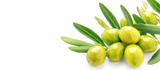 Fresh ripe olives fruit with water drops and green leaves isolated on white background. AI generated - obrazy, fototapety, plakaty