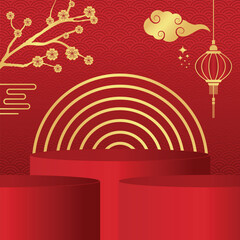 Naklejka premium Chinese New Year vector illustration. empty podium and red background.