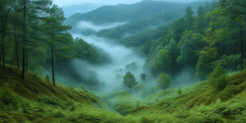 Soft waves of fog covering the territory around, like a dr - obrazy, fototapety, plakaty