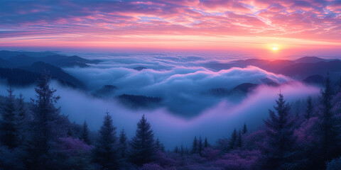 Fototapeta premium Soft waves of fog covering the territory around, like a dre