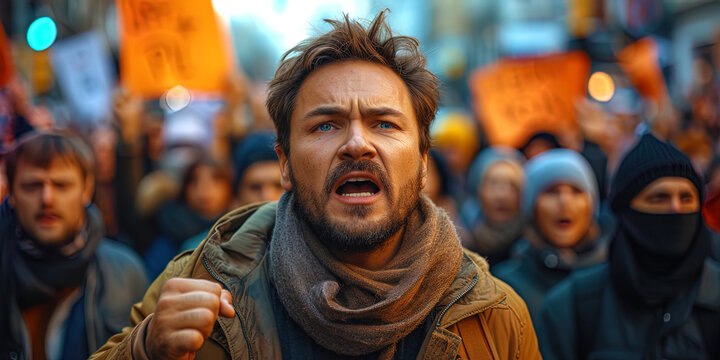 The activist expresses anger, shouting in defense of his business among people at a demonstration and prote