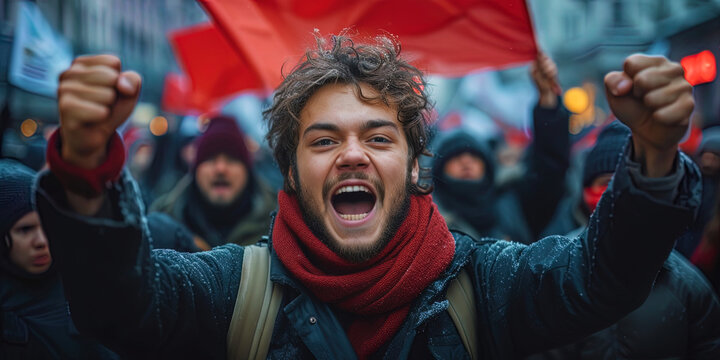 The activist with rage shouts his demands during the demonstration and among the protes