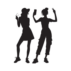 Women taking selfie pose.  talking on mobile phone. Set of women taking selfie silhouette vector illustration.