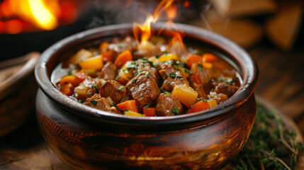 Fototapeta premium A rustic bowl of stew featuring a rich broth filled with hearty chunks of meat and a medley of colorful vegetables ready to warm you up on a chilly evening by the fire.