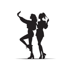 Women taking selfie pose.  talking on mobile phone. Set of women taking selfie silhouette vector illustration.