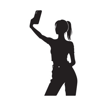 Women taking selfie pose.  talking on mobile phone. Set of women taking selfie silhouette vector illustration.