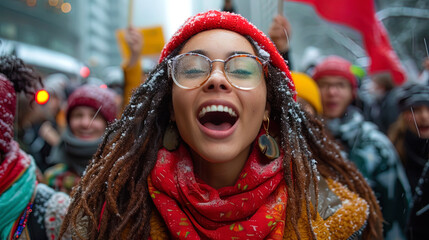 The evil womanactivist shouts in defense of her question among demonstrators and protest